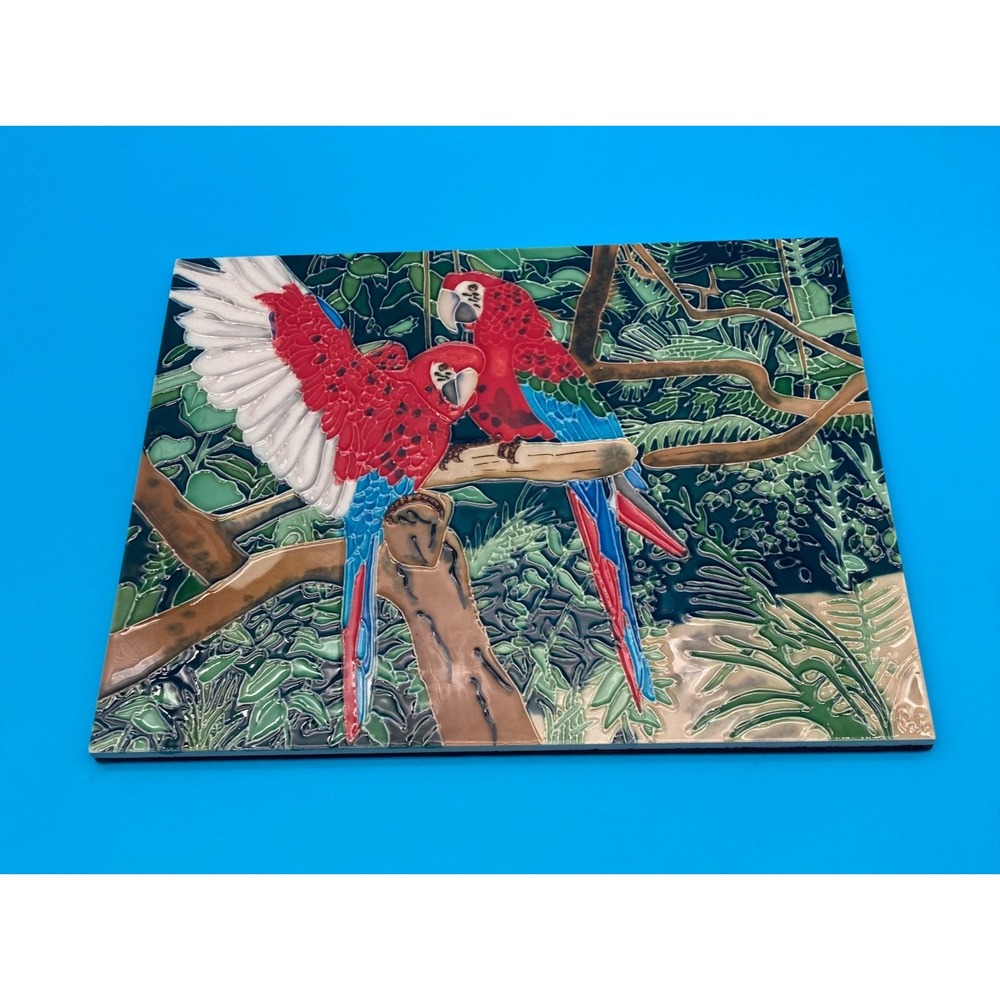 Vtg By CJ Scarlet Macaw Parrot Art Tile Plaque Tube Lined Ceramic Wall Hanging